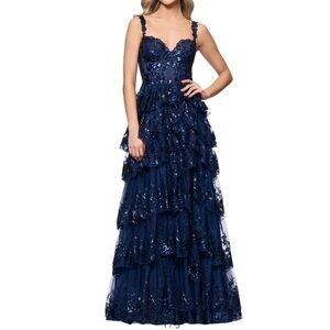 NWT MSRP $319 Blondie Nites Navy Sequin Corset Ballgown with Tier Ruffles Size 9